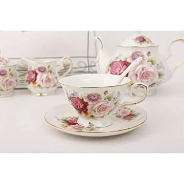 ufengke 15 Piece European Ceramic Tea Sets,Bone China Coffee Set with Metal Holder,Colorful Rose Painting Pumpkin Coffee Tea Pot