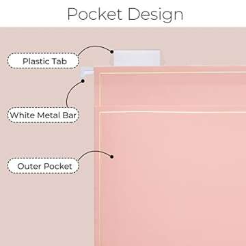 Y YOMA 6 Pack Rose Gold Hanging File Folders with Pocket Letter Size Decorative File Folder Cute Pre...