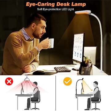 Airlonv LED Desk Lamp for Office Home, Eye-Caring Desk Light with Stepless Dimming Adjustable Flexible Gooseneck, 10W USB Adapter Desk Lamp with Clamp for Reading, Study, Workbench (White)