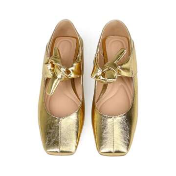 Pomoxikn Gold Mary Jane for Women Square Toe Mary Jane Pumps Bow Knots Ballet Flats for Women Designer Flats Slip On Dress Ballerina Shoes. -7