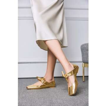 Pomoxikn Gold Mary Jane for Women Square Toe Mary Jane Pumps Bow Knots Ballet Flats for Women Designer Flats Slip On Dress Ballerina Shoes. -7