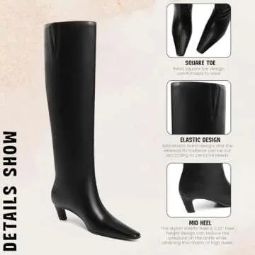 CYNLLIO Womens Knee High Boots Square Toe Kitten Heel Tall Boots Pull on Wide Calf Black Boots Low Heel Comfy Long Boots