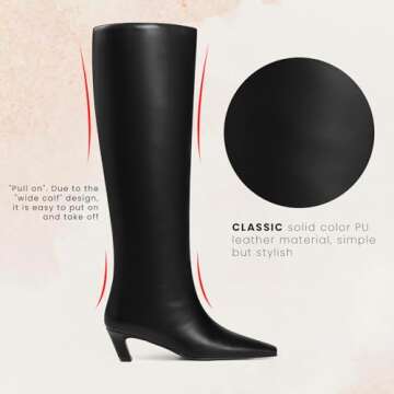 CYNLLIO Womens Knee High Boots Square Toe Kitten Heel Tall Boots Pull on Wide Calf Black Boots Low Heel Comfy Long Boots