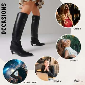 CYNLLIO Womens Knee High Boots Square Toe Kitten Heel Tall Boots Pull on Wide Calf Black Boots Low Heel Comfy Long Boots
