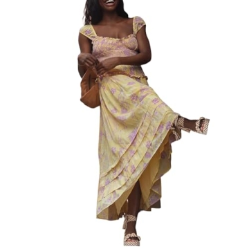 FEORJGP Womens Summer Spaghetti Strap Long Dress Boho Low Cut Dress Backless V-Neck Midi Dress Bohem...