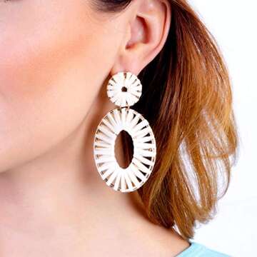 BaubleStar Raffia Tassel Fringe Rattan Hoop Drop Statement Earrings White Tiered Thread Handmade Rou...