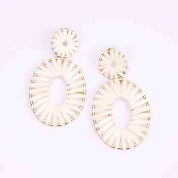 BaubleStar Raffia Tassel Fringe Rattan Hoop Drop Statement Earrings White Tiered Thread Handmade Round Oval Cirle Dangle Fashion Jewelry for Women