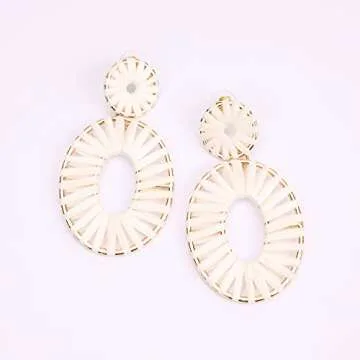 BaubleStar Raffia Tassel Fringe Rattan Hoop Drop Statement Earrings White Tiered Thread Handmade Round Oval Cirle Dangle Fashion Jewelry for Women