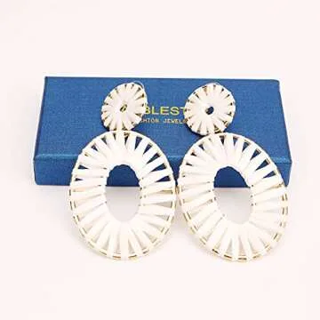 BaubleStar Raffia Tassel Fringe Rattan Hoop Drop Statement Earrings White Tiered Thread Handmade Round Oval Cirle Dangle Fashion Jewelry for Women