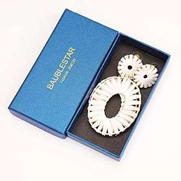 BaubleStar Raffia Tassel Fringe Rattan Hoop Drop Statement Earrings White Tiered Thread Handmade Round Oval Cirle Dangle Fashion Jewelry for Women