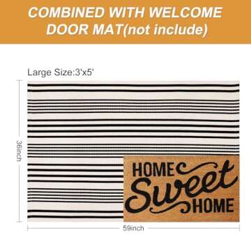 Black and White Striped Outdoor Rug, 3’x5’ Cotton Modern Front Porch Door Mat Hand-Woven Reversible Patio Rug Washable Layered Doorway Carpet for Farmhouse/Kitchen/Living Room