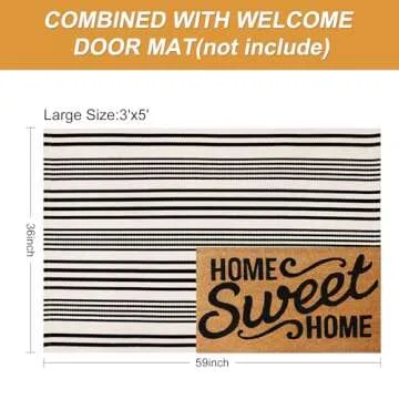 Black and White Striped Outdoor Rug, 3’x5’ Cotton Modern Front Porch Door Mat Hand-Woven Reversible Patio Rug Washable Layered Doorway Carpet for Farmhouse/Kitchen/Living Room