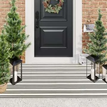 Black and White Striped Outdoor Rug, 3’x5’ Cotton Modern Front Porch Door Mat Hand-Woven Reversible Patio Rug Washable Layered Doorway Carpet for Farmhouse/Kitchen/Living Room