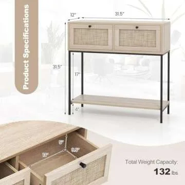 Giantex Console Table with Rattan Drawers - 31.5" Entryway Table w/ 2 Drawers & Open Storage Shelf, Metal Frame, Boho Style Long Sofa Side Table, Narrow Entry Table for Living Room Foyer Hallway