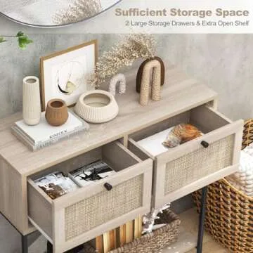 Giantex Console Table with Rattan Drawers - 31.5" Entryway Table w/ 2 Drawers & Open Storage Shelf, Metal Frame, Boho Style Long Sofa Side Table, Narrow Entry Table for Living Room Foyer Hallway