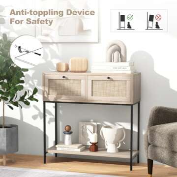 Giantex Console Table with Rattan Drawers - 31.5" Entryway Table w/ 2 Drawers & Open Storage Shelf, Metal Frame, Boho Style Long Sofa Side Table, Narrow Entry Table for Living Room Foyer Hallway