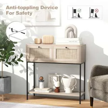 Giantex Console Table with Rattan Drawers - 31.5" Entryway Table w/ 2 Drawers & Open Storage Shelf, Metal Frame, Boho Style Long Sofa Side Table, Narrow Entry Table for Living Room Foyer Hallway