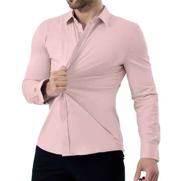 ZAFUL Mens Dress Shirts Slim Fit Button Down Long Sleeve Stretch Collared Shirt Cotton Wrinkle Free Button Up Mens Tops Pink Medium