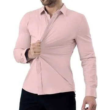 ZAFUL Mens Dress Shirts Slim Fit Button Down Long Sleeve Stretch Collared Shirt Cotton Wrinkle Free Button Up Mens Tops Pink Medium