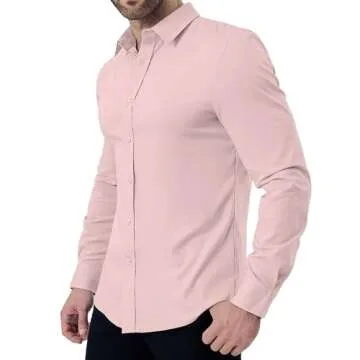 ZAFUL Mens Dress Shirts Slim Fit Button Down Long Sleeve Stretch Collared Shirt Cotton Wrinkle Free Button Up Mens Tops Pink Medium