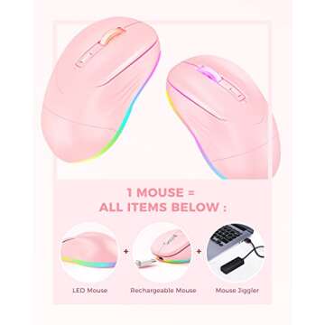 Wireless Mouse, Mouse Jiggler for Laptop - LED Mouse Rechargeable Computer Mouse Mover Undetectable Random Movement with On/Off Button Keeps Computer Awake - Pink