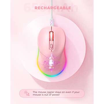 Wireless Mouse, Mouse Jiggler for Laptop - LED Mouse Rechargeable Computer Mouse Mover Undetectable Random Movement with On/Off Button Keeps Computer Awake - Pink