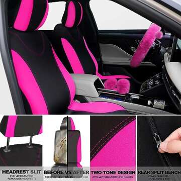 17 Pcs Car Seat Cover Full Set for Women Universal Fit Car Front Rear Seat Covers Fluffy Steering Wheel Covers Fleece Handbrake Shift Cover Hanging Accessory Holder Ring Emblem (Rose Red Black)