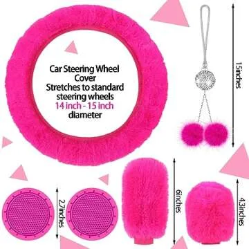 17 Pcs Car Seat Cover Full Set for Women Universal Fit Car Front Rear Seat Covers Fluffy Steering Wheel Covers Fleece Handbrake Shift Cover Hanging Accessory Holder Ring Emblem (Rose Red Black)