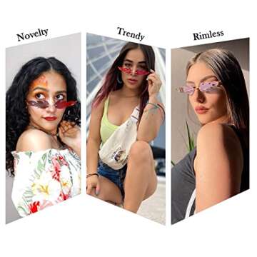 Bouryo Fire Flame Sunglasses for Women Men Retro Fun Rimless Glasses Vintage Fire Shape Halloween Pa...