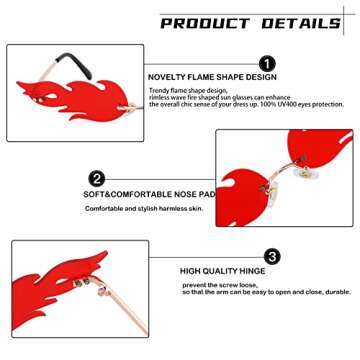 Bouryo Fire Flame Sunglasses for Women Men Retro Fun Rimless Glasses Vintage Fire Shape Halloween Party Eyewear