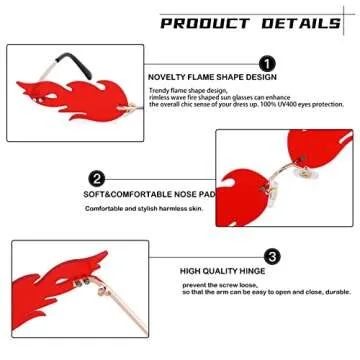 Bouryo Fire Flame Sunglasses for Women Men Retro Fun Rimless Glasses Vintage Fire Shape Halloween Party Eyewear