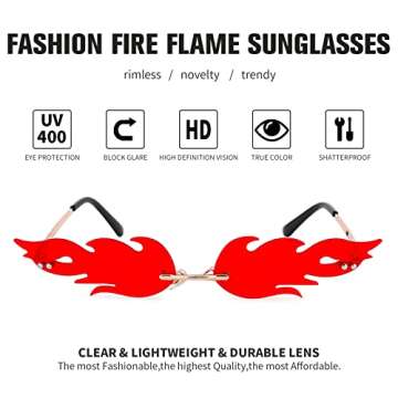 Bouryo Fire Flame Sunglasses for Women Men Retro Fun Rimless Glasses Vintage Fire Shape Halloween Party Eyewear