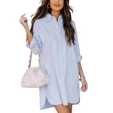 Chouyatou Women's Casual Loose Fit Long Sleeve Button Down Shirt Dress - Blue