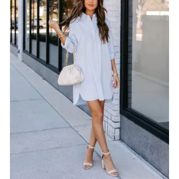 Chouyatou Women's Casual Long Sleeve Shirt Dress in Blue