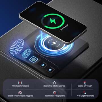 Grimtron Biometric Gun Safe for Handgun with Wireless Charging,Pistol Safe Quick Access Auto Open, Silent Mode and Adapter Nightstand Pistol-Safe up to 4 pstols (Black)