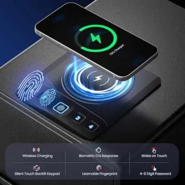 Grimtron Biometric Gun Safe for Handgun with Wireless Charging,Pistol Safe Quick Access Auto Open, Silent Mode and Adapter Nightstand Pistol-Safe up to 4 pstols (Black)