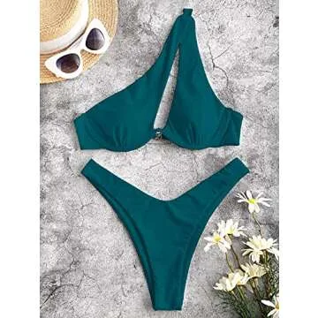 ZAFUL One Shoulder Bikini Cut Out Ribbed Underwire Swimsuit