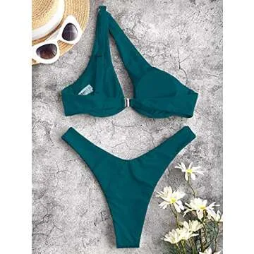 ZAFUL One Shoulder Bikini Cut Out Ribbed Underwire Swimsuit