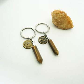 ZUOPIPI Zodiac Crystal Stone Keychain Natural Rose Stone/Red Agate/Aventurine Healing Crystal Keycha...