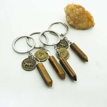 ZUOPIPI Zodiac Crystal Stone Keychain Natural Rose Stone/Red Agate/Aventurine Healing Crystal Keychain (Aries)