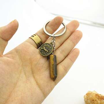 ZUOPIPI Zodiac Crystal Stone Keychain Natural Rose Stone/Red Agate/Aventurine Healing Crystal Keychain (Aries)