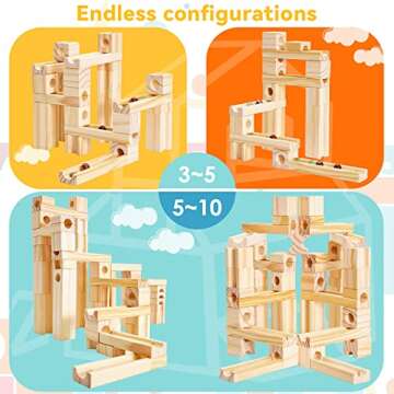 Wooden Marble Run for Kids Ages 4-8, 60 Pieces Wood Building Blocks Toys and Construction Play Set, Marble Track Maze Game STEM Learning Toys Gifts for Boys Girls (60pc Set)