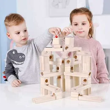 Wooden Marble Run for Kids Ages 4-8, 60 Pieces Wood Building Blocks Toys and Construction Play Set, Marble Track Maze Game STEM Learning Toys Gifts for Boys Girls (60pc Set)