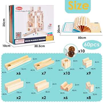 Wooden Marble Run for Kids Ages 4-8, 60 Pieces Wood Building Blocks Toys and Construction Play Set, Marble Track Maze Game STEM Learning Toys Gifts for Boys Girls (60pc Set)