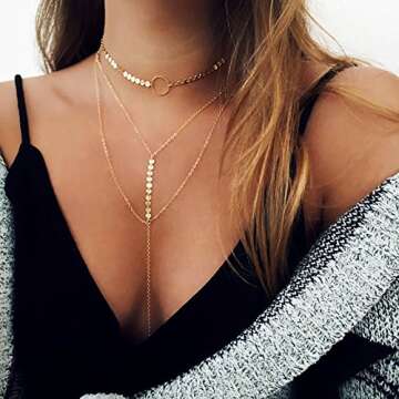 Suyi Stylish Layered Sequins Choker Necklace with Thin Long Chain Pendant for Women Lady A-Gold