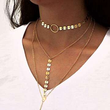 Suyi Stylish Layered Sequins Choker Necklace with Thin Long Chain Pendant for Women Lady A-Gold