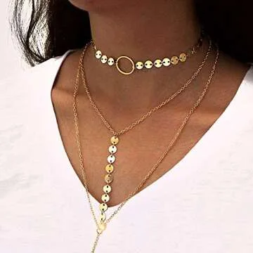 Suyi Stylish Layered Sequins Choker Necklace with Thin Long Chain Pendant for Women Lady A-Gold