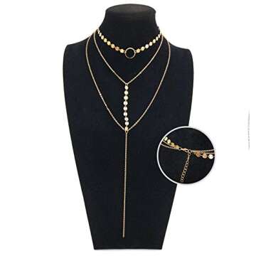 Suyi Stylish Layered Sequins Choker Necklace with Thin Long Chain Pendant for Women Lady A-Gold