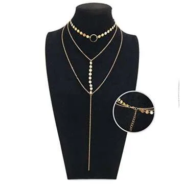 Suyi Stylish Layered Sequins Choker Necklace with Thin Long Chain Pendant for Women Lady A-Gold