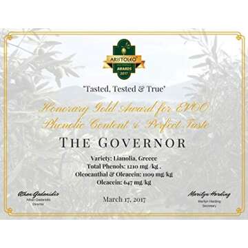 The Governor Limited Edition Extra Virgin Olive Oil - Unfiltered, Cold-Pressed, Early Harvest, Single Origin - Peppery, Robust, Spicy Notes - Packed with Polyphenols, Oleocanthal, Antioxidants, 500ml